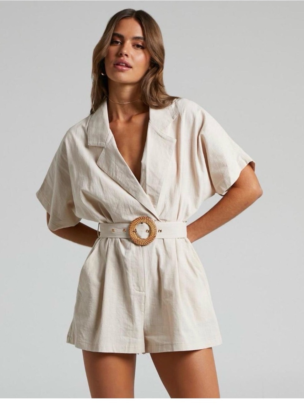 Showpo Cream Short Sleeve Belted Romper